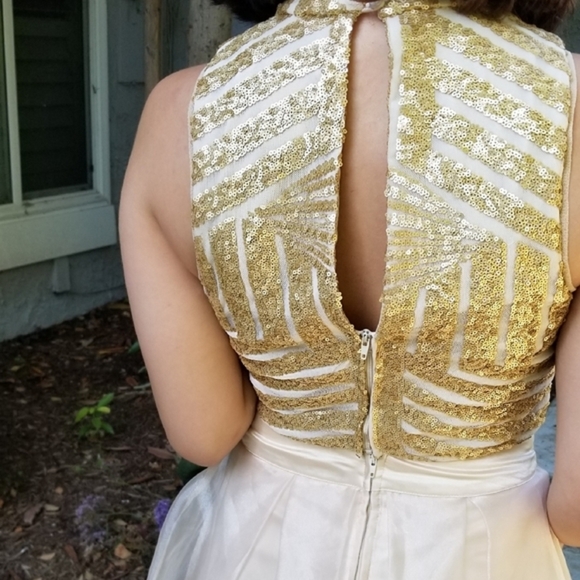 Social Code ✦ Champagne Skirt Set ✦ Sequin Halter Crop + Ruffle Chiffon High-Low - Picture 12 of 16